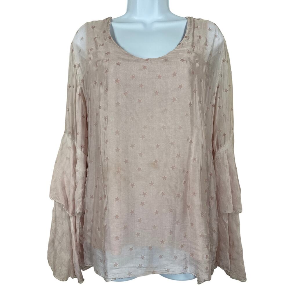 Belle France Pink Star Bell Sleeve Chiffon Silk Top Women's Large Celestial Boho